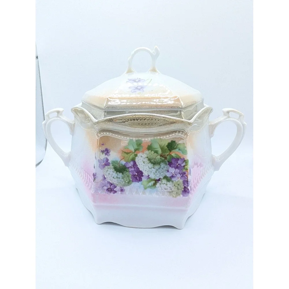 Antique Germany Porcelain Lidded Sugar Bowl Purple Violets Hydrangea Gold Luster